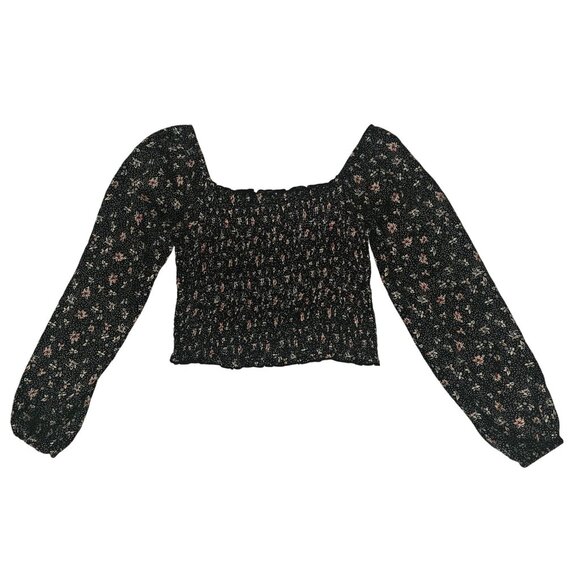 Easel Los Angeles Ditsy Floral Smocked Balloon Sleeve Cropped Top Size Small - Picture 2 of 9